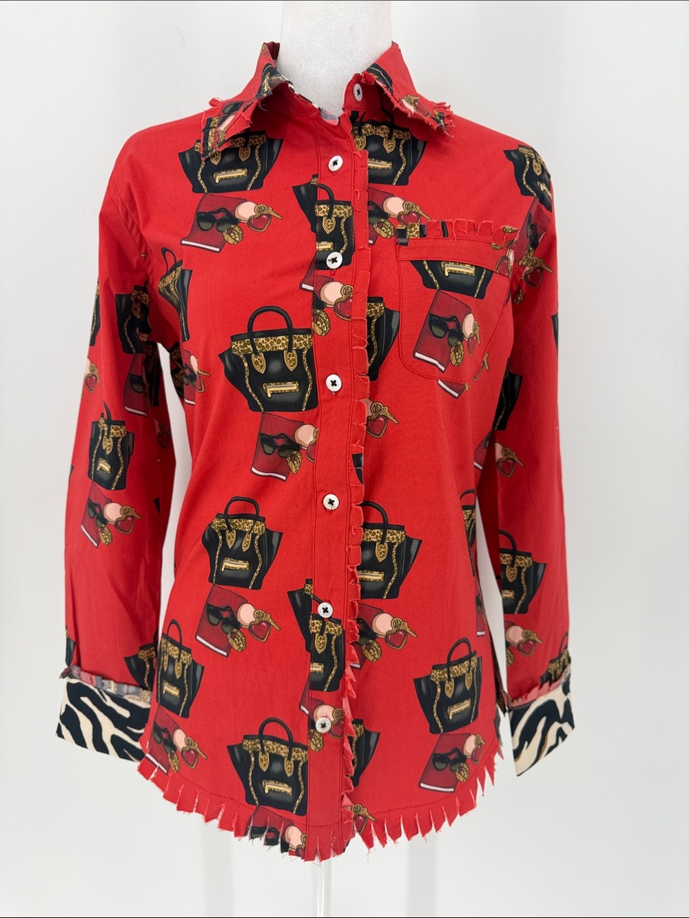 Tizzie Red Novelty Handbag Print Button Down Shirt XS